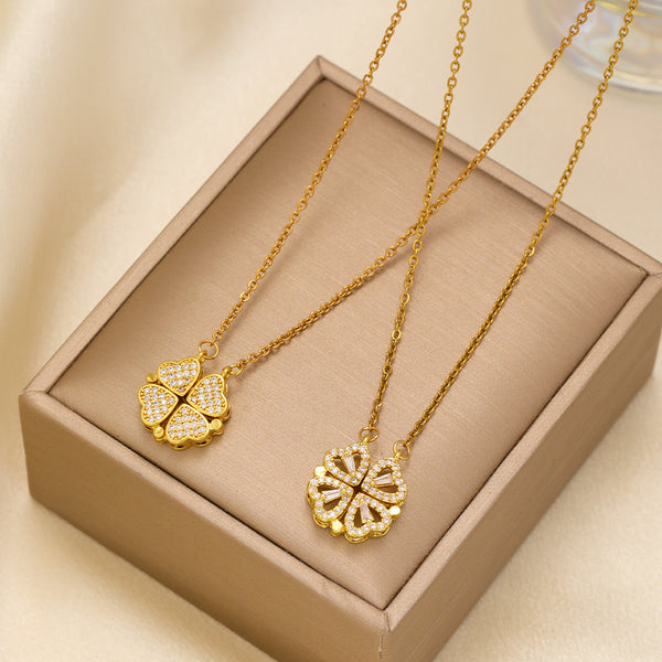 Fashionable Zircon Heart-shaped Necklace With A Magnetic Folding Four Leaf Heart-shaped Connection.